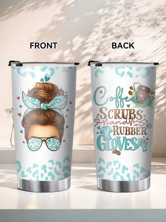 [Exquise, Stijlvol en Praktisch] 1 roestvrijstalen geïsoleerde automok/koffiemok van 597 ml, met een blauwe hoofddoekprint van een meisje/verpleegster en belettering. Geschikt voor persoonlijk gebruik of als cadeau, verjaardagscadeau of vakantiegeschenk; veelzijdig voor diverse gelegenheden.