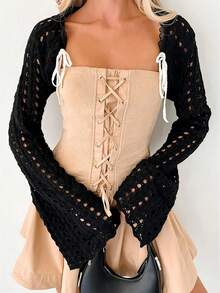 Women's Autumn Winter Knit Shrug Cardigan Fashionable Lightweight Solid Color Long Bell Sleeve Bolero Shrug - màu đen - Xem 1
