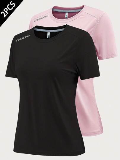 Camisetas de manga corta de 2 piezas para mujer, de tela de seda de hielo, de secado rápido, que absorbe la humedad y es amigable con la piel, de cuello redondo, para correr, yoga y gimnasio, color negro
