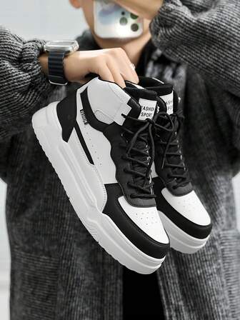 Men's Classic Black & White Contrast Letter Patchwork High-Top Sneakers, Fashionable Outdoor, Campus, Versatile Daily Casual Comfortable Shoes For Teenagers And Young Adults