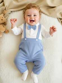 2pcs Baby Boys Solid Long Sleeve POLO Collar Romper With Bow Tie & Overall Style Pants Set, Comfy & Casual Yet Adorable - Blue - View 1