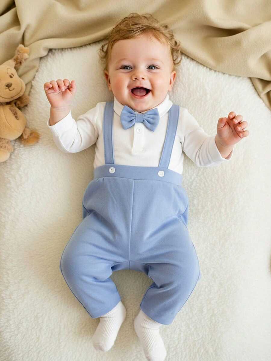 2pcs Baby Boys Solid Long Sleeve POLO Collar Romper With Bow Tie & Overall Style Pants Set, Comfy & Casual Yet Adorable - Blue - View 1