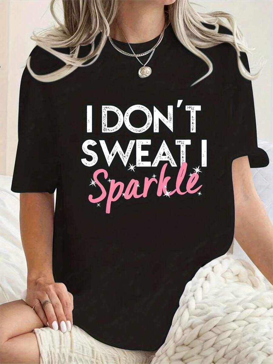 I Don't Sweat I Sparkle 1 Pcs Women's Plus Size T-Shirt Funny Oversized Graphic Short Sleeve Tee Novelty 100% Polyester Versatile Shirt Casual Crew Neck Top 220g - 黑色 - 查看 1