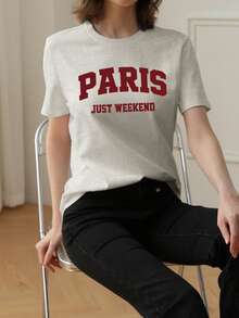 女士灰色字母印花休闲短袖 T 恤，夏季 - 淺灰色 - 查看 3