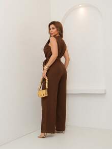 Marrant Women's Sleeveless Jumpsuit With Belt - Wrap Neckline, Elegant And Comfortable. Gloria W&Y Women's Fashion. - 棕色 - 查看 2