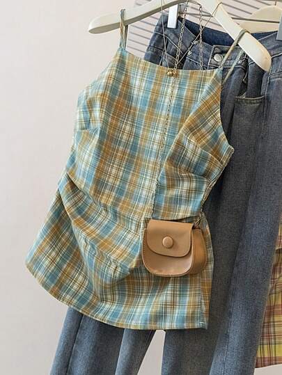 YUXIN 女式复古风格拼色格子无袖背心，腰部褶饰设计元素，修饰背部线条，夏季