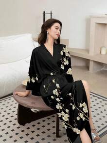 Retro Loose Mid-Length New Chinese Style Fashion Elegant Floral Print Kimono Cover Up, Casual Home Tie-Waist Robe, Summer Beach Swimsuit Cover-Up, Lightweight Jacket - Black - View 3