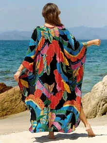 Đầm maxi dáng rộng tay cánh dơi cổ chữ V xẻ tà bên hông in họa tiết lá nhiệt đới nhiều màu sắc dành cho nữ, chất liệu chiffon, thích hợp mặc ngoài áo tắm đi biển, đầm mùa hè thoải mái. - Nhiều màu - Xem 2