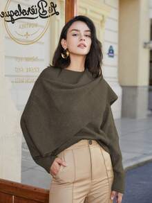 Women's Solid Color Batwing Sleeve Patchwork Poncho Sweater, Elegant And Fashionable Design, Spring - Brown Green - View 3