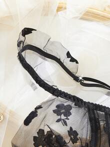 性感薄纱梅花图案拼接女士文胸内裤套装 - 黑色 - 查看 5