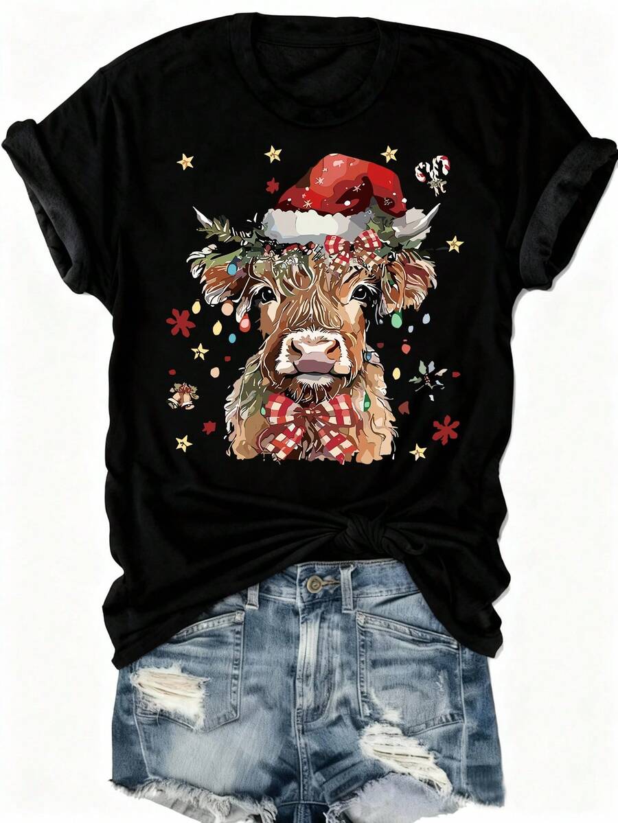 Howell Christmas Graphic T-Shirt - Festive Cow Wearing Santa Hat And Lights Print, Soft And Casual Crew Neck Top