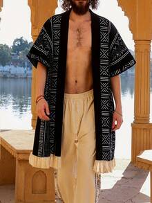 男士黑白印花流苏和服 - 波西米亚风设计，宽松版型，时尚百搭，适合节日造型、波西米亚探险和文化之旅。 - 黑色 - 查看 6