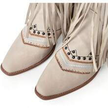 LISHAN Women's Western Cowboy Cowgirl Boots Fringed Tassel Block Heels Embroidered Calf High BootsChristmas - Màu be - Xem 4