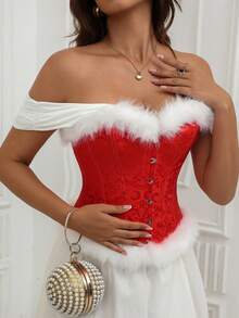 New Palace Style Off-Shoulder Fishbone Shapewear, Front Chest & Hem Fluffy Trim, Red & White Christmas Top - Red and White - View 3