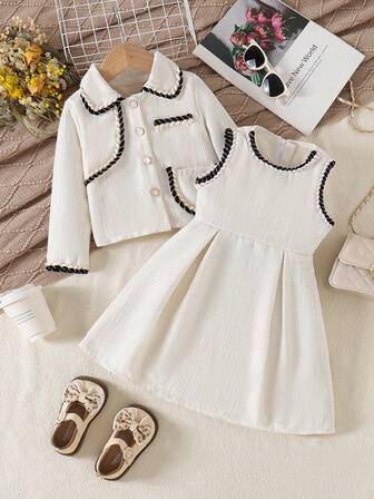 两件套女童秋冬新款套装，无袖拉链露背荷叶边连衣裙搭配长袖撞色开衫，优雅可爱，百搭时尚。