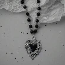 Gothic Bat Cross Dark Pendant Necklace Set, Y2K Personalized Thorn Love Black Bead Stacked Necklace Set, Suitable As Halloween G - Black - View 3