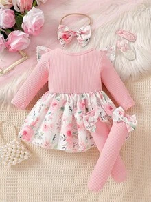 Bộ 3 bộ đồ liền thân và băng đô nơ họa tiết ông già Noel và người bánh gừng màu đỏ dễ thương dành cho bé gái sơ sinh, thích hợp cho dịp Giáng sinh - Hồng - Xem 3