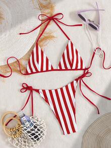 女士两件套性感时尚紫色比基尼套装，随机印花，夏季沙滩度假泳装 - 紅色 - 查看 3