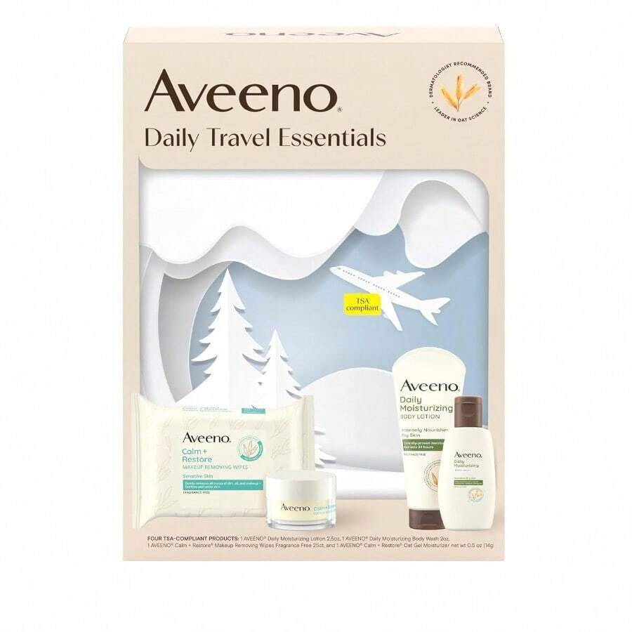 TYUI Aveeno Daily Travel Essentials Gift Set With Daily Moisturizing Lotion Daily Moisturizing Body Wash Calm + Restore Makeup Removing Wipes And Calm + Restore Oat Gel Moisturizer 4 Items - 光 - 查看 1