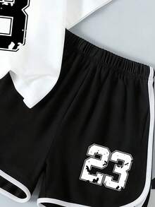 Young Girl Round Neck Numeric & Bow Print Short Sleeve T-Shirt And Elastic Waist Shorts Set - White - View 4