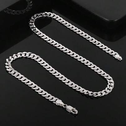 High Quality 925 Sterling Silver Plated Pendant Necklace With 7mm Chain Bracelet Jewelry Set, Suitable For Men And Women, Fashion Party Wedding Gift