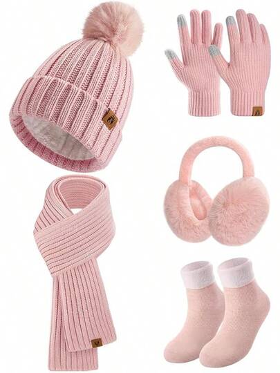Knitted Hat And Scarf Set 5 PCS Ski Outing Set Winter Plush Ear Warmers Warm Long Scarf Beanie Hat And Touch Screen Gloves Set Women Thermal Socks For Skiing Hat Outdoor Sports