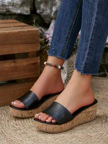 Dép cao gót hở mũi phong cách Hàn Quốc dành cho nữ, đế dày mùa hè, đế xuồng chống thấm nước, gót dày, đinh tán, đế xuồng nhung - màu đen - Xem 8