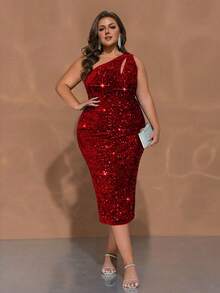 CHOSMO新款蓝色不对称亮片舞会礼服，修身无肩带优雅晚礼服，女士婚礼派对礼服，优雅奢华针织高腰长裙，闪亮正式春季礼服 - 紅色 - 查看 5