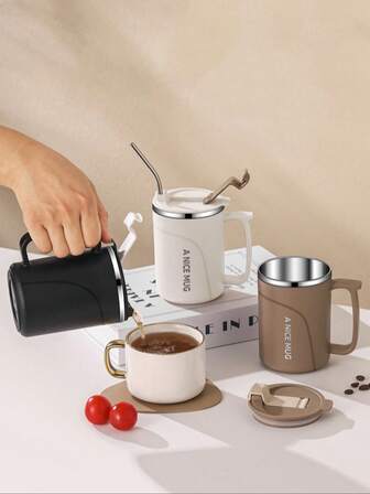 1pc Gray/Black/White/Red/Coffee Mug Tea Cup, Office Home Water Cup With Lid, 304 Stainless Steel Mug