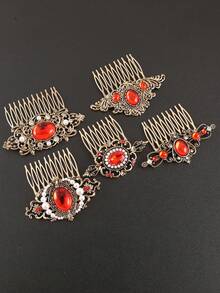1pc Vintage Metal Flower & Leaf Design Hair Clip, Red, Festive Holiday Gift, Combs, Side Comb, Headpiece, Hair Accessories, New Year Glamour, Hair Accessories For Women,Summer,Travel,Festival,Birthday - Multicolor - View 5