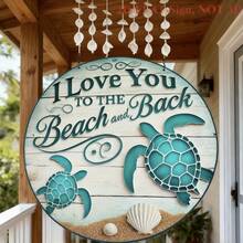 1pc Blue Ocean & Turtle Metal Tin Sign, 'I Love You To The Beach And Back', Therapeutic Round 8*8 Inch Aluminum Sign 2D Flat, Aesthetic Gift For Those Who Like Ocean Style Or Express Love - Multicolor - View 7