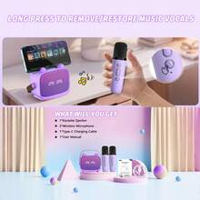 迷你卡拉OK机便携式无线音箱，带2个麦克风、彩色LED灯，居家旅行派对娱乐礼品，紫色/蓝色/粉色 - 彩色 - 查看 10