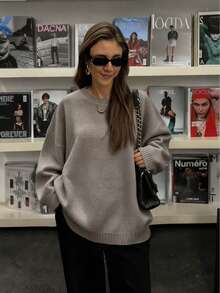 FOR BEAUTY Autumn And Winter New Solid Color Round Neck Simple Loose Casual Long Sleeve Knit Pullover Mid-Length Everyday Fashion, Versatile And Simple For Commuting Sweater Soft And Lazy Style Warm Christmas Top