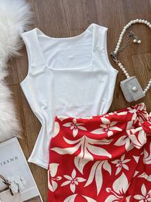 AMYLAN FASHION Women's Set Consisting Of A Spandex Bodysuit And A Printed, Lined Skirt With Shorts. - branco com vermelho\flor - Xem 3