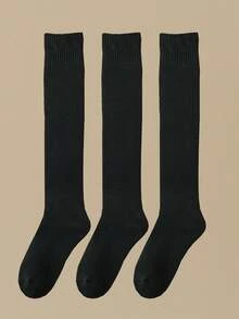 1/3 Pairs Solid Color Thick Thermal Lined Knee High Socks, Warm For Matching With JK Skirt, Y2k, Cozy