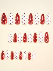 24片杏仁形美甲贴纸套装，瞬间提升您的美甲造型！经典优雅的红白波点设计，时尚的红白撞色纯色波点图案美甲贴纸，全覆盖式假指甲贴纸，适合女性和女孩。套装包含1张贴纸和1个迷你指甲锉，采用果冻凝胶材质，随机发货。 - 紅白色 - 查看 2
