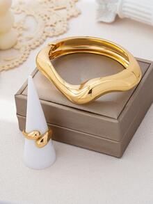 2pcs Elegant Teardrop Shaped Women Jewelry Set, Includes 1pc Cuff Bracelet And 1pc Open Ring, Suitable For Daily Wear And Party, Great Gift For Women - Yellow Gold - View 11