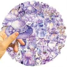 50 piezas Paquete de pegatinas "Purple Dream" resistentes al agua, transparentes de PET para decoración de planificadores - Patrones de flores de colores mixtos, pegatinas reutilizables autoadhesivas, adecuadas para portátiles, botellas de agua, cuadernos - Adecuadas para superficies de vidrio, formas irregulares