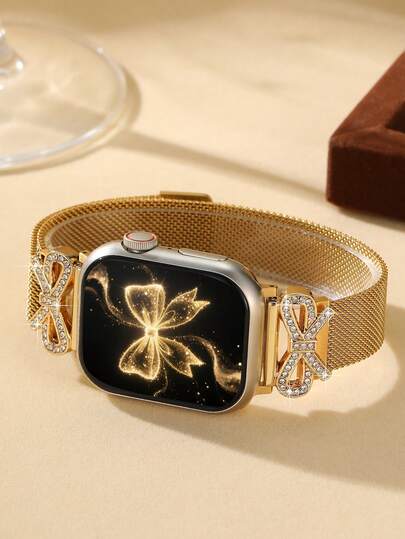1pc Elegante Goud Bow Tie Magnetic Mesh Stainless Steel Horloge Women Compatible Apple S11/10/9/8/7/6/5/4/3/2/1/Se/Ultra, 46/49/38/40/41/42/44/45mm, Charm view 11