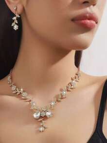 Bộ 2 món dây chuyền và bông tai hình lá và hoa đính đá, bộ trang sức sang trọng, thanh lịch dành cho nữ, thích hợp cho đám cưới và tiệc tối. - Bộ 2 hoa lá nhỏ - Xem 2