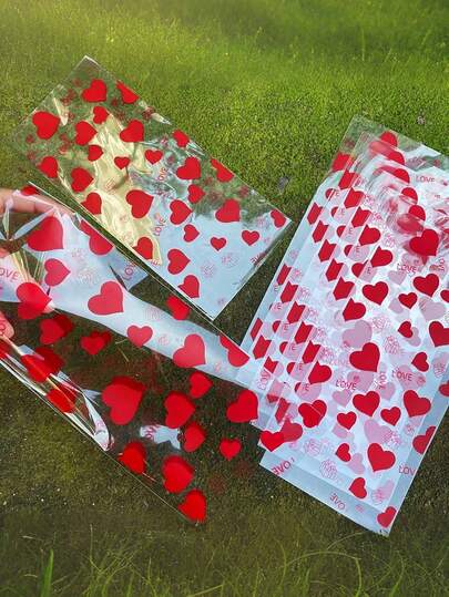 50pcs Red Heart LOVE Printed Gift Bags With Golden Ties, Transparent Plastic Bags For Valentine'S Day Wedding Birthday, Romantic Couples Gift Packaging, Fantasy Theme Party Decorations