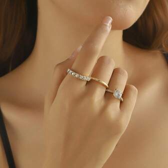 3 件女士订婚戒指套装，时尚闪亮金合金锆石装饰戒指，适合女性日常佩戴、订婚、婚礼、周年纪念、派对、珠宝、情人节、生日礼物