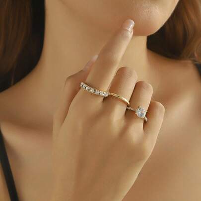 3 件女士订婚戒指套装，时尚闪亮金合金锆石装饰戒指，适合女性日常佩戴、订婚、婚礼、周年纪念、派对、珠宝、情人节、生日礼物