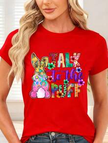 T-Shirt With Colorful Rabbit Print And The Phrase "Talk To The Puff" For Spring And Easter - Red - View 6