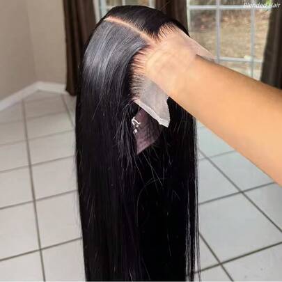 5*5 Put On & Go Glueless Lace Closure--13x4 HD Lace Front Wigs Real Human Blended Hair Wigs Straight Natural Color Human Blended Hair Wig 5x5 Pre Cut Glueless Lace Closure Wigs Human Blended Hair Wear And Go Gluless Wig For Women Daily Use Natural Looking