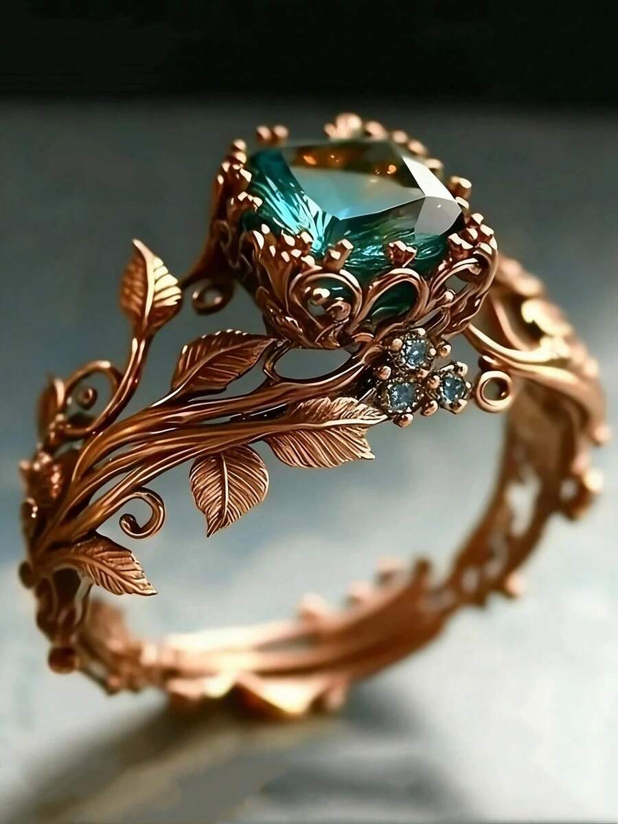 1pc Vintage Leaf Shaped Ring With Square Green Cubic Zirconia, Suitable For Women, Elegant Design For Wedding, Party, Birthday And Other Occasions - Ring - View 1