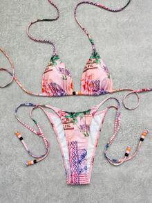 Bộ bikini hai mảnh in họa tiết retro dành cho nữ, kiểu buộc cổ yếm, kết hợp với phụ kiện nhựa tương phản và dây buộc dễ thương, thích hợp cho kỳ nghỉ, bãi biển, Giáng sinh, kỳ nghỉ hè. Bộ đồ bơi hai mảnh màu hồng phong cách thường ngày dành cho nữ, thích hợp cho khu nghỉ dưỡng biển. - Hồng - Xem 4