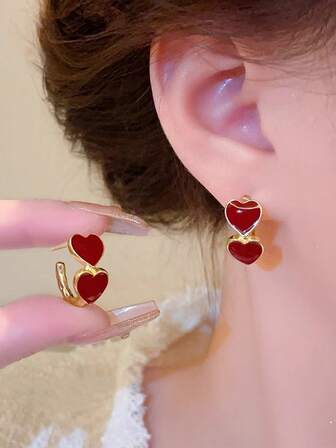 1 Pair Vintage Wine Red Heart Stud Earrings, Elegant & Unique Heart Design Earrings For Women