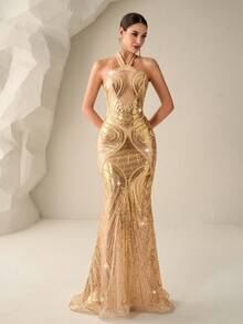 Astony One 优雅奢华金色晚礼服，性感露背设计，修身剪裁，闪亮亮片和珍珠刺绣点缀，飘逸雪纺美人鱼裙摆，是狂欢节、新年、奢华晚宴、情人节、生日派对、订婚、品牌活动、毕业典礼、红毯场合的理想之选。 - 金色 - 查看 5