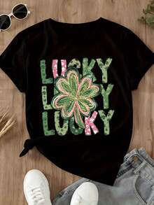 Lucky Lucky Lucky Shamrock St Patrick's Day T-Shirt Women's White Graphic Tee Festive Clover Design For Saint Patrick's Day Celebration - màu đen - Xem 3